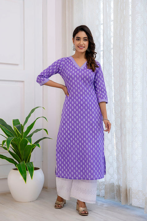 Women Purple Printed Straight Kurta with Three Quarter Sleeves