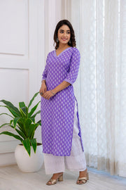 Women Purple Printed Straight Kurta with Three Quarter Sleeves