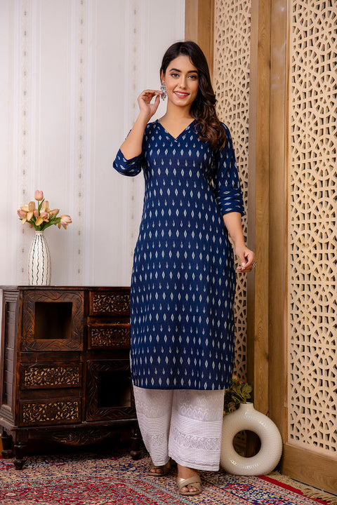 Women Navy Blue Printed Straight Kurta with Three Quarter Sleeves