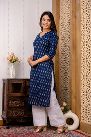 Women Navy Blue Printed Straight Kurta with Three Quarter Sleeves