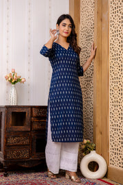 Women Navy Blue Printed Straight Kurta with Three Quarter Sleeves