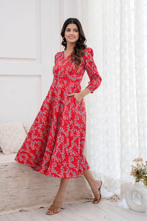 Women Red Printed Flared Dress