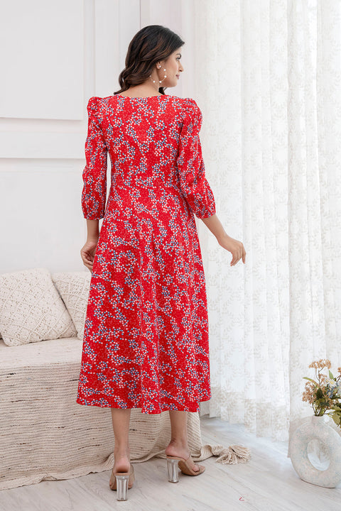 Women Red Printed Flared Dress