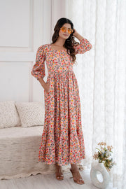 Women Peach Printed Flared Dress