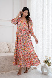 Women Peach Printed Flared Dress