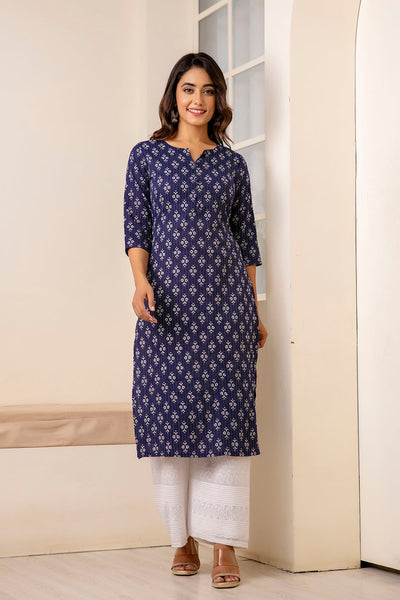 Women Navy Blue Printed Straight Kurta with Three Quarter Sleeves