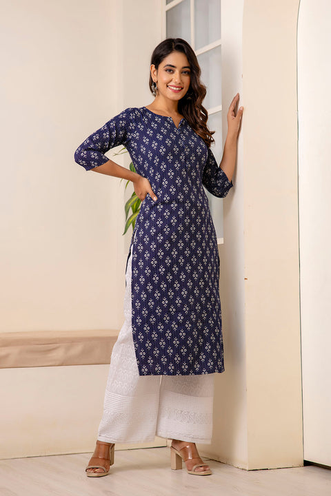 Women Navy Blue Printed Straight Kurta with Three Quarter Sleeves