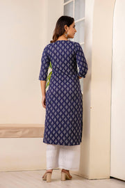 Women Navy Blue Printed Straight Kurta with Three Quarter Sleeves