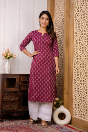 Women Burgundy Printed Straight Kurta with Three Quarter Sleeves