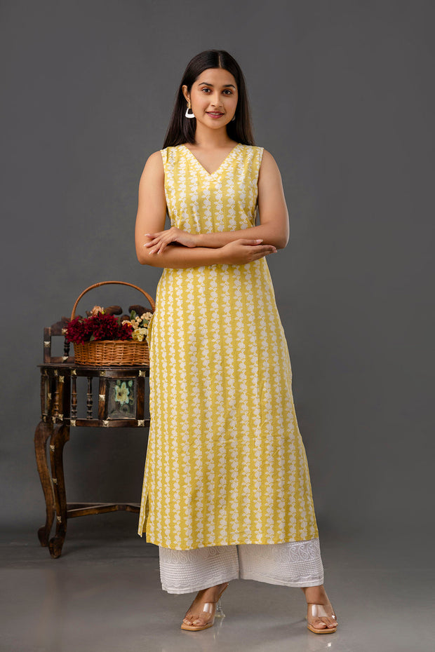 Yellow Printed Straight Sleeveless Kurta