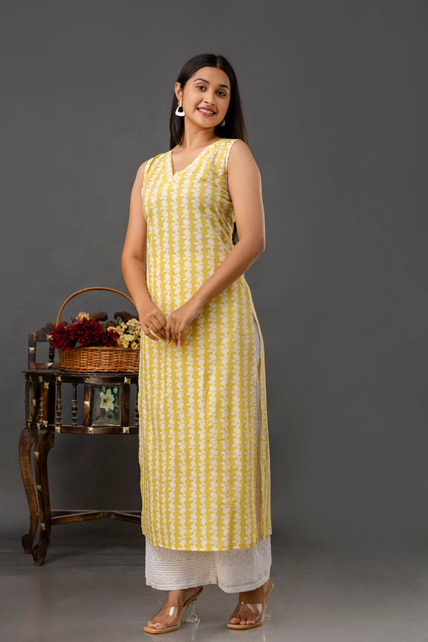 Yellow Printed Straight Sleeveless Kurta