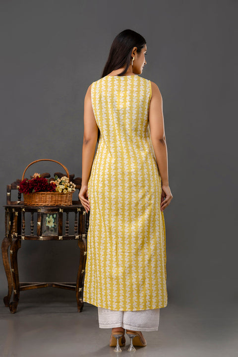 Yellow Printed Straight Sleeveless Kurta