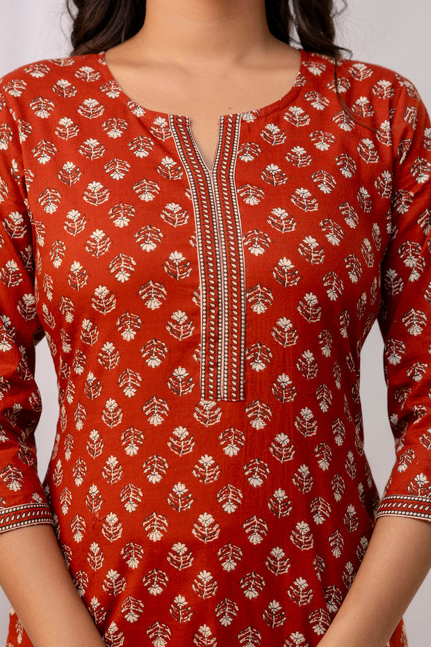 Women Rust Ethnic Printed Straight Tunic