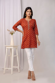 Women Rust Ethnic Printed Straight Tunic