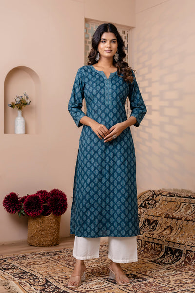 Women Teal Blue Printed Straight Kurta with Three Quarter Sleeves