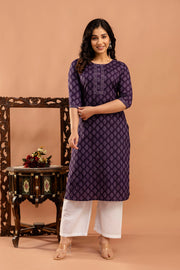 Purple Printed Straight Kurta with Three Quarter Sleeves