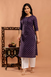 Purple Printed Straight Kurta with Three Quarter Sleeves