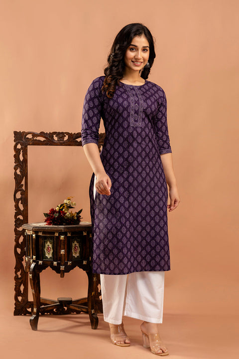 Purple Printed Straight Kurta with Three Quarter Sleeves