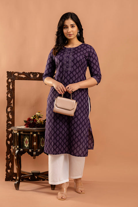 Purple Printed Straight Kurta with Three Quarter Sleeves