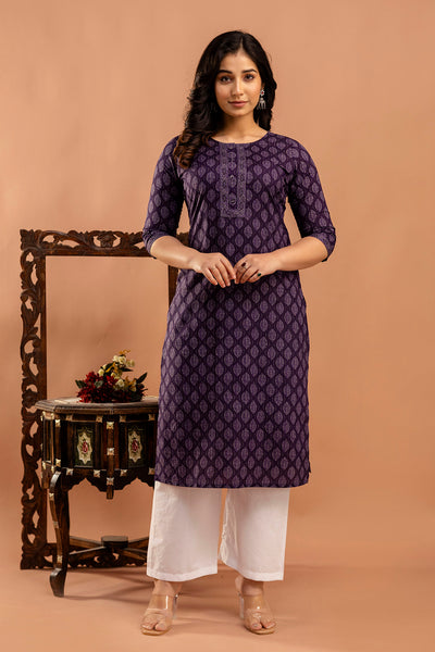 Purple Printed Straight Kurta with Three Quarter Sleeves