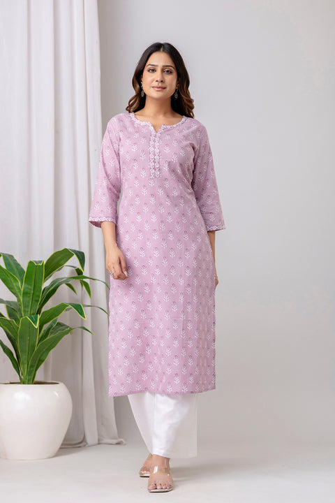 Women Mauve Printed Straight Kurta with Three Quarter Sleeves