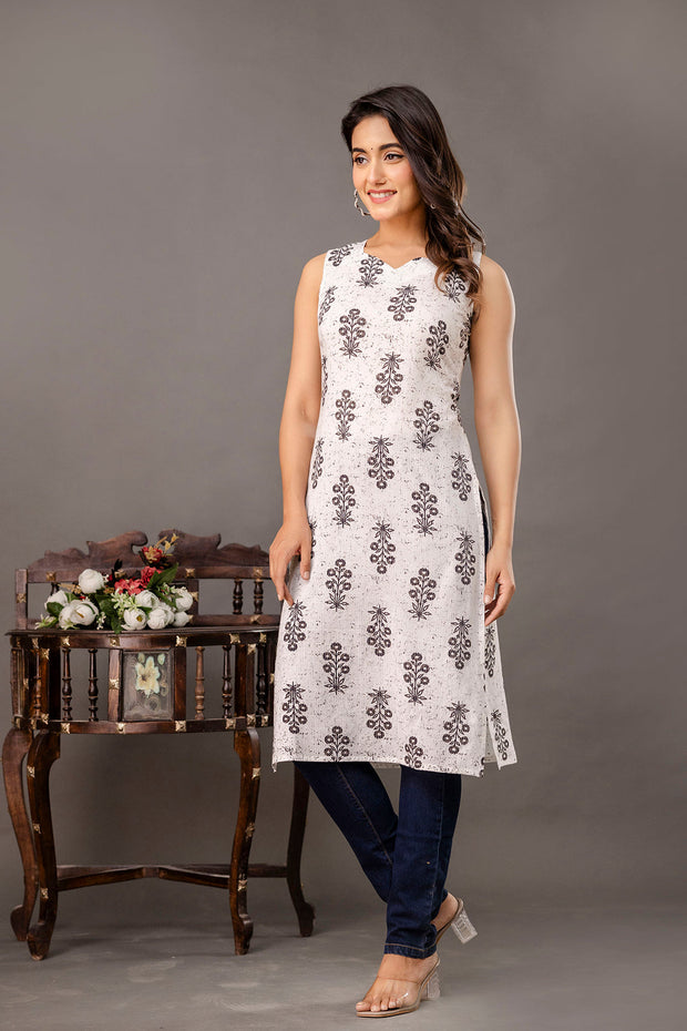 White Printed Kurta for Women
