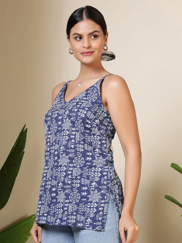 Women Blue Printed Straight Tunic