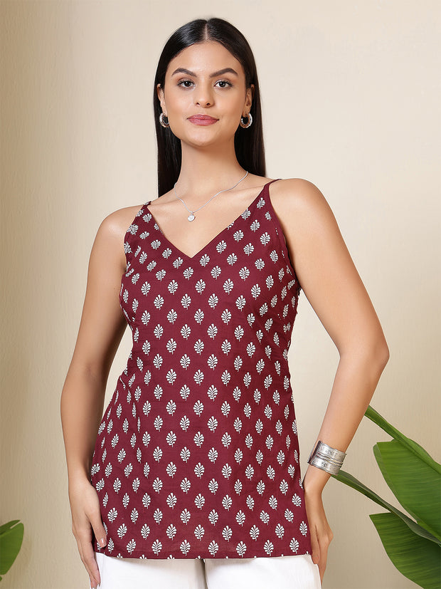 Women Burgundy Printed Straight Tunic