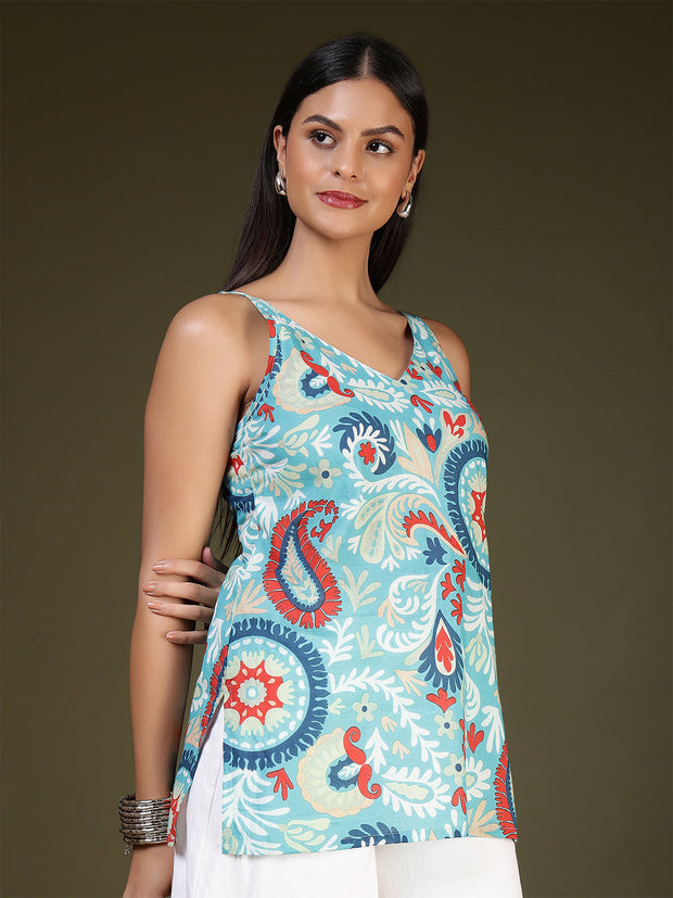 Women Blue Printed Straight Tunic