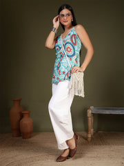 Women Blue Printed Straight Tunic