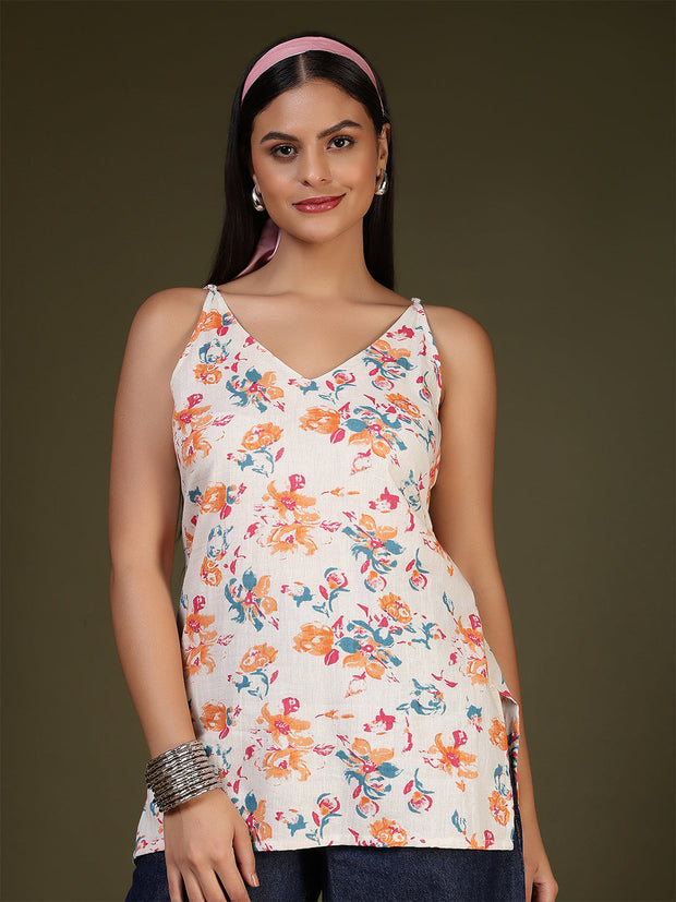 Women Off White Printed Straight Tunic