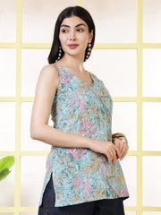 Women Blue Printed Straight Tunic