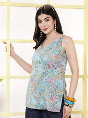 Women Blue Printed Straight Tunic