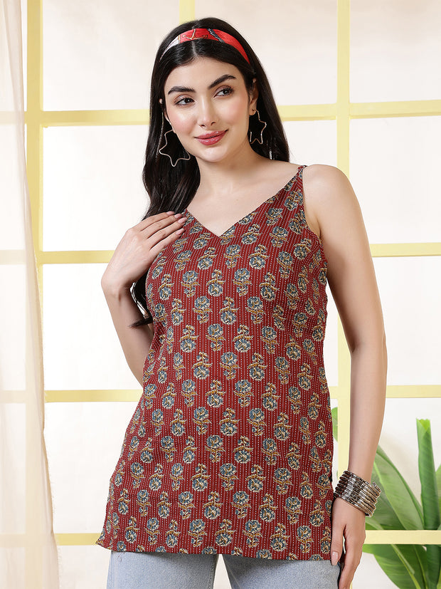 Women Maroon Printed Straight Tunic