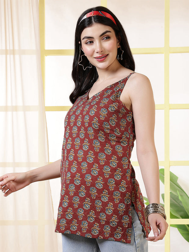 Women Maroon Printed Straight Tunic