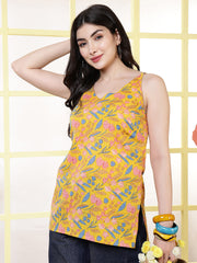 Women Yellow Printed Straight Tunic
