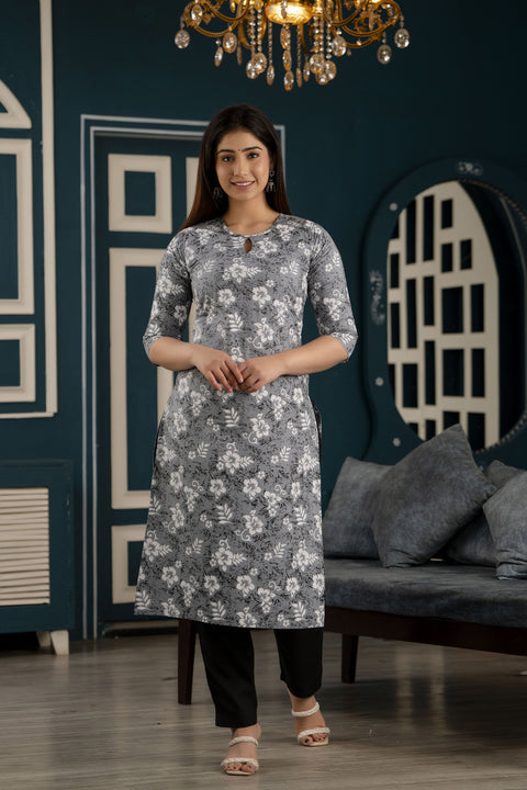 Women Grey Ethnic Printed Straight Kurta With Three Quarter Sleeves