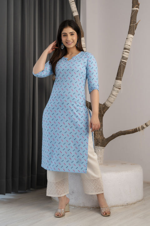 Women Blue Ethnic Printed Straight Kurta with Three Quarter Sleeves