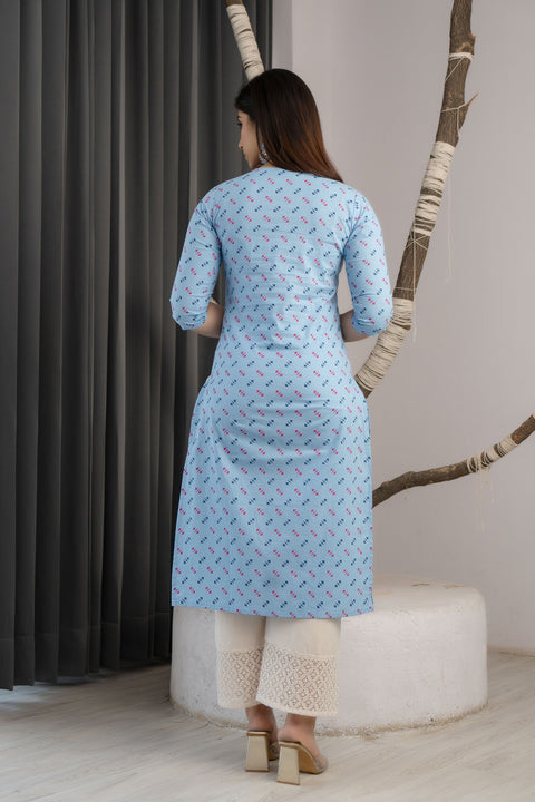 Women Blue Ethnic Printed Straight Kurta with Three Quarter Sleeves