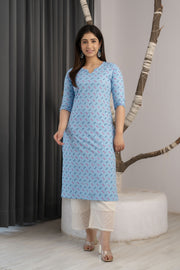 Women Blue Ethnic Printed Straight Kurta with Three Quarter Sleeves