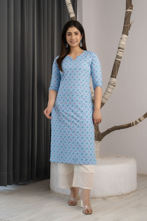 Women Blue Ethnic Printed Straight Kurta with Three Quarter Sleeves