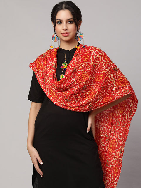 Women Grey Printed And Red Bandhini Dupatta Combo, Pack Of Two