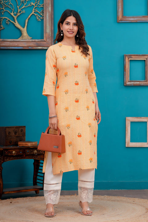 Women Orange Printed Straight Kurta with Three quarter sleeve