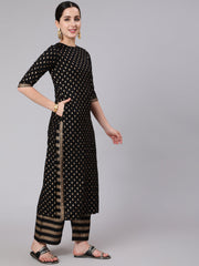 Black Gold Printed Straight Kurta Set With Net Dupatta for Women