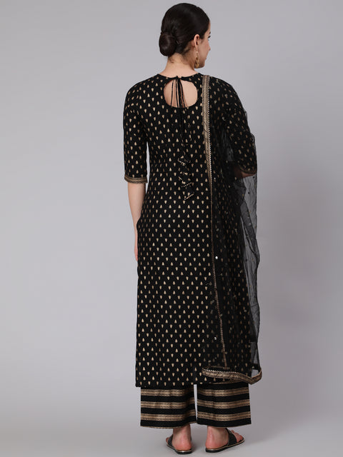 Black Gold Printed Straight Kurta Set With Net Dupatta for Women