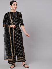 Black Gold Printed Straight Kurta Set With Net Dupatta for Women