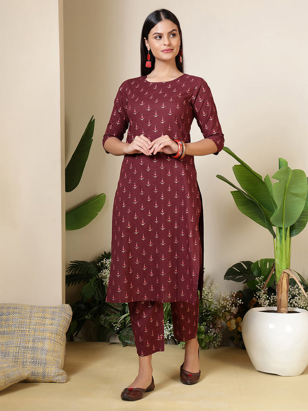 Women Wine Three-Quarter Sleeves Printed Kurta-Palazzo with pockets and Face Mask
