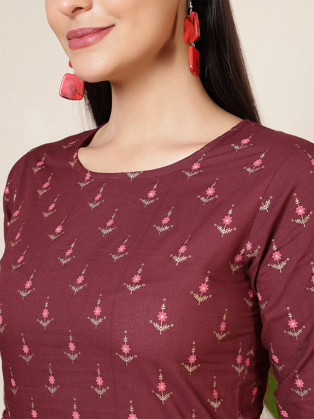 Women Wine Three-Quarter Sleeves Printed Kurta-Palazzo with pockets and Face Mask