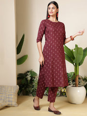 Women Wine Three-Quarter Sleeves Printed Kurta-Palazzo with pockets and Face Mask