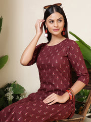 Women Wine Three-Quarter Sleeves Printed Kurta-Palazzo with pockets and Face Mask